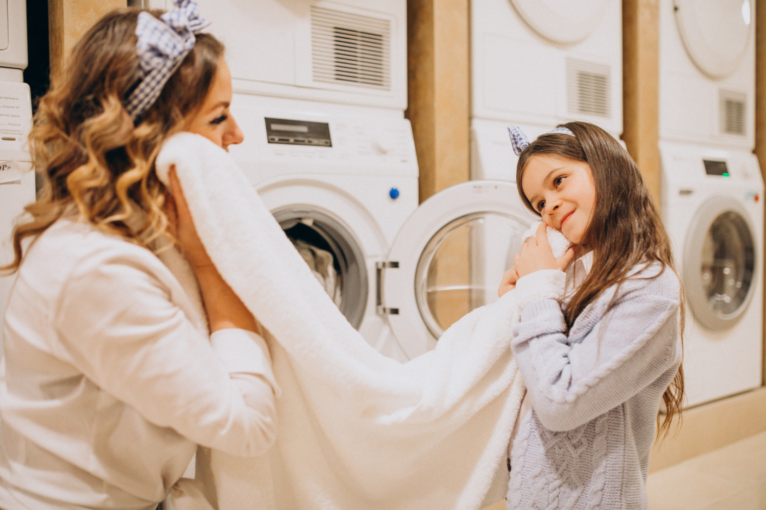 madre e hija retirando la ropa de un secarropas